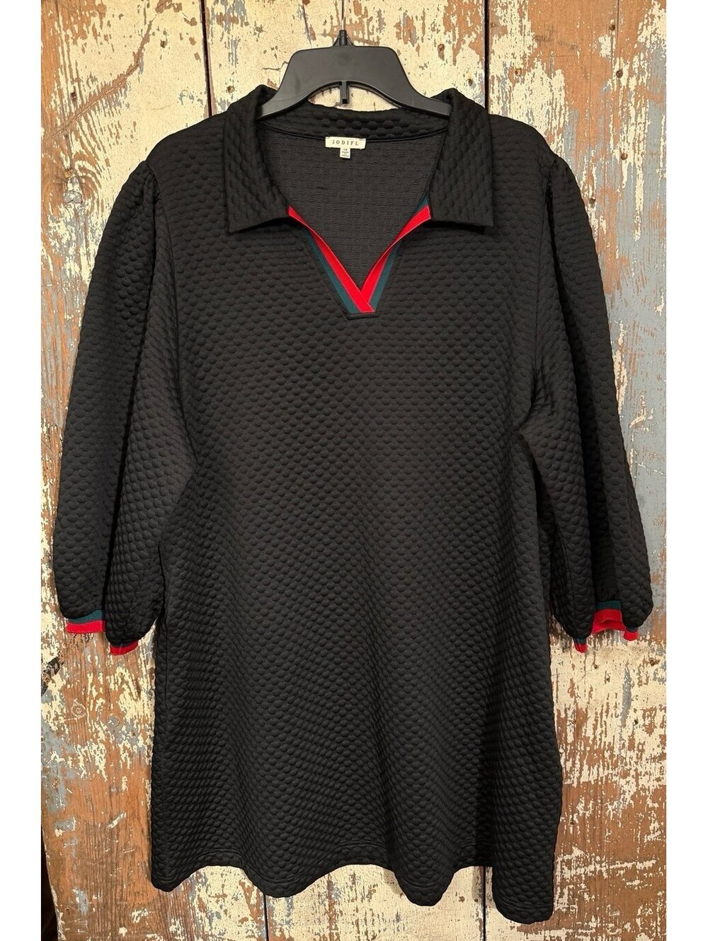 NWOT Jodifl Black Textured Puff Sleeve Dress with Stripe Red Green Trim 1X
